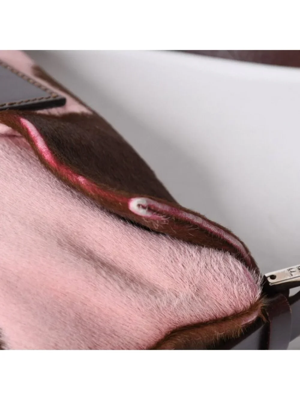 Fendi Mamma Baguette Calf Hair Leather Shoulder Bag Pink Brown Silver